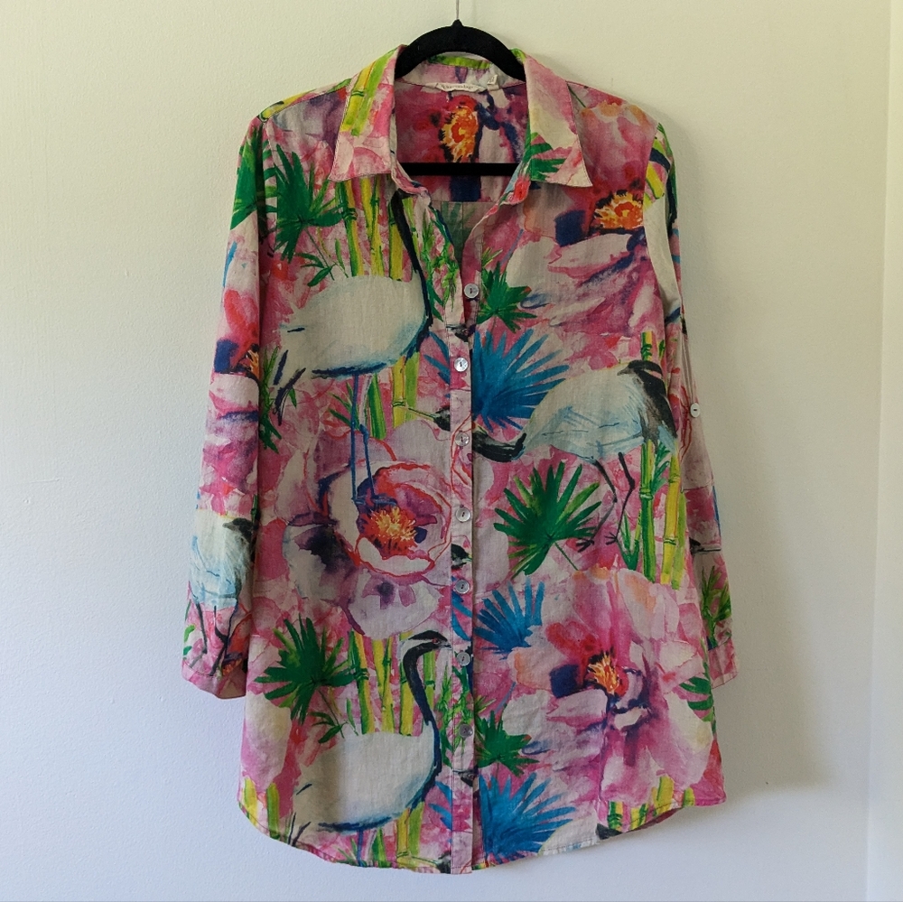 Soft Surrounding Pink Tropical Floral Long Sleeve Tunic Top Womens Large